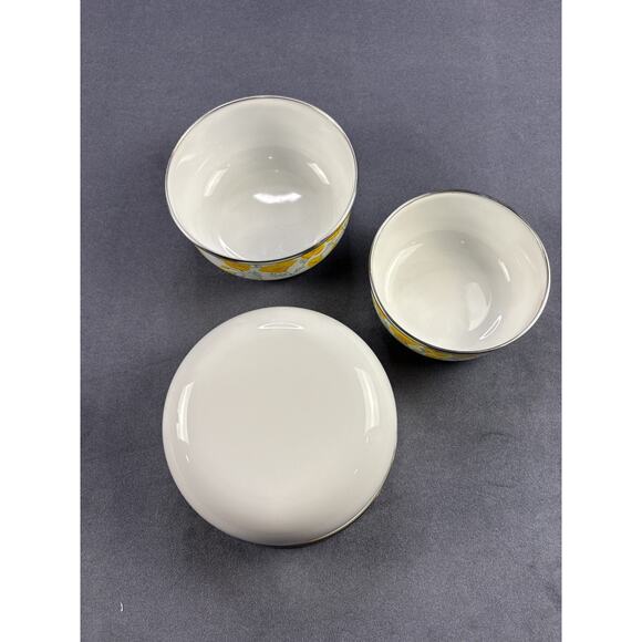 VTG Kobe Enamelware Metal Nesting Bowl Set of 3 Yellow Poppy w/lids - Picture 5 of 11